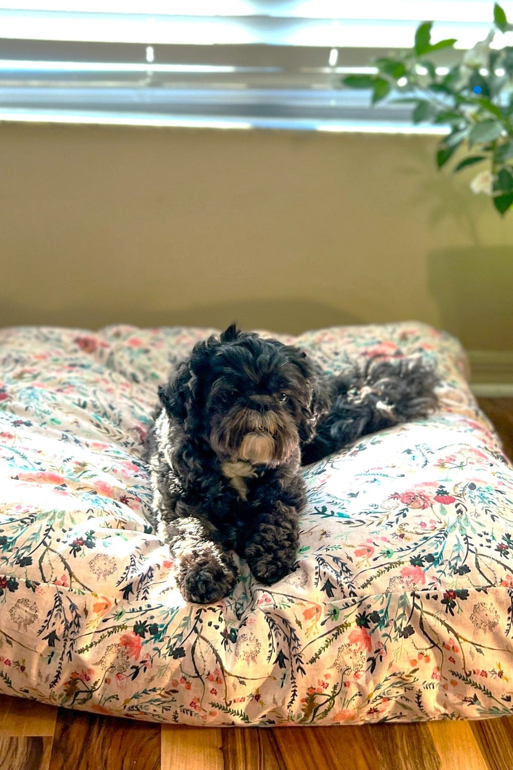 Dog lying on a floral-patterned pet bed in a room with a plant and window blinds. Personalized Dog Bed, DOg Bed with Name, Embroidered Dog Bed, Dog Bed Amazon, Dog Bed Cover, Dog Bed Large, dog beds for small dogs, personalized dog bed cover, personalized dog bed crate, dog bed with removable washable cover, cutest dog bed,  cute dog bed for girls, Modern dog Bed, industrial dog beds, dog beds to match home, gifts for pet lovers, Christmas gifts for pets, holiday pet gifts,  pink dog bed cover for large dog
