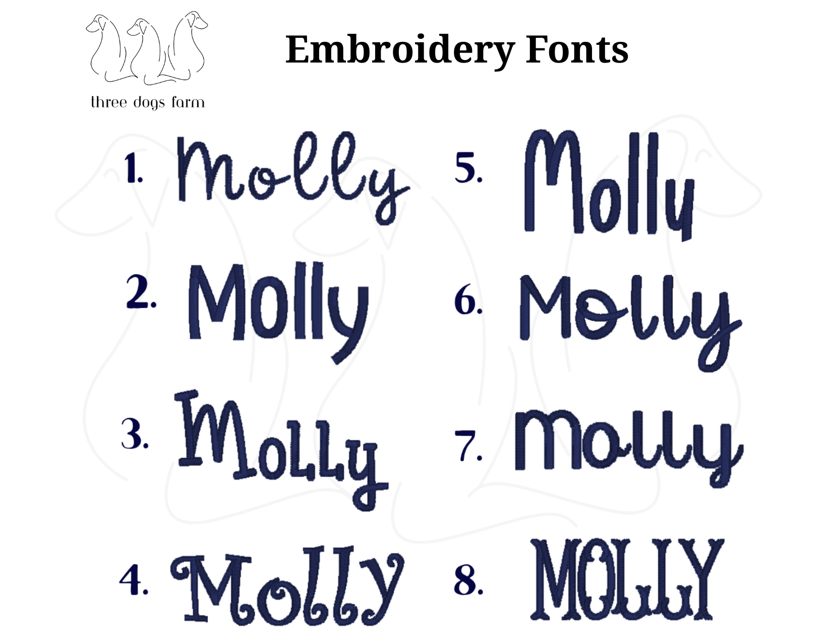 embroidery fonts options for handcrafted products for Three Dogs Farm 