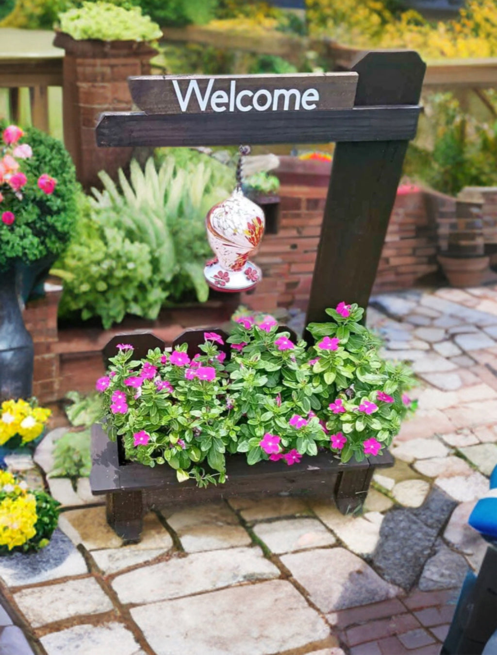 Garden planter with hummingbird feeder, garden welcome sign with flower box, wooden garden flowerbox with welcome sign, flower box holder, free standing flowerbox with welcome sign,  front door welcome sign, front door welcome sign with planter, garden plater with welcome sign
