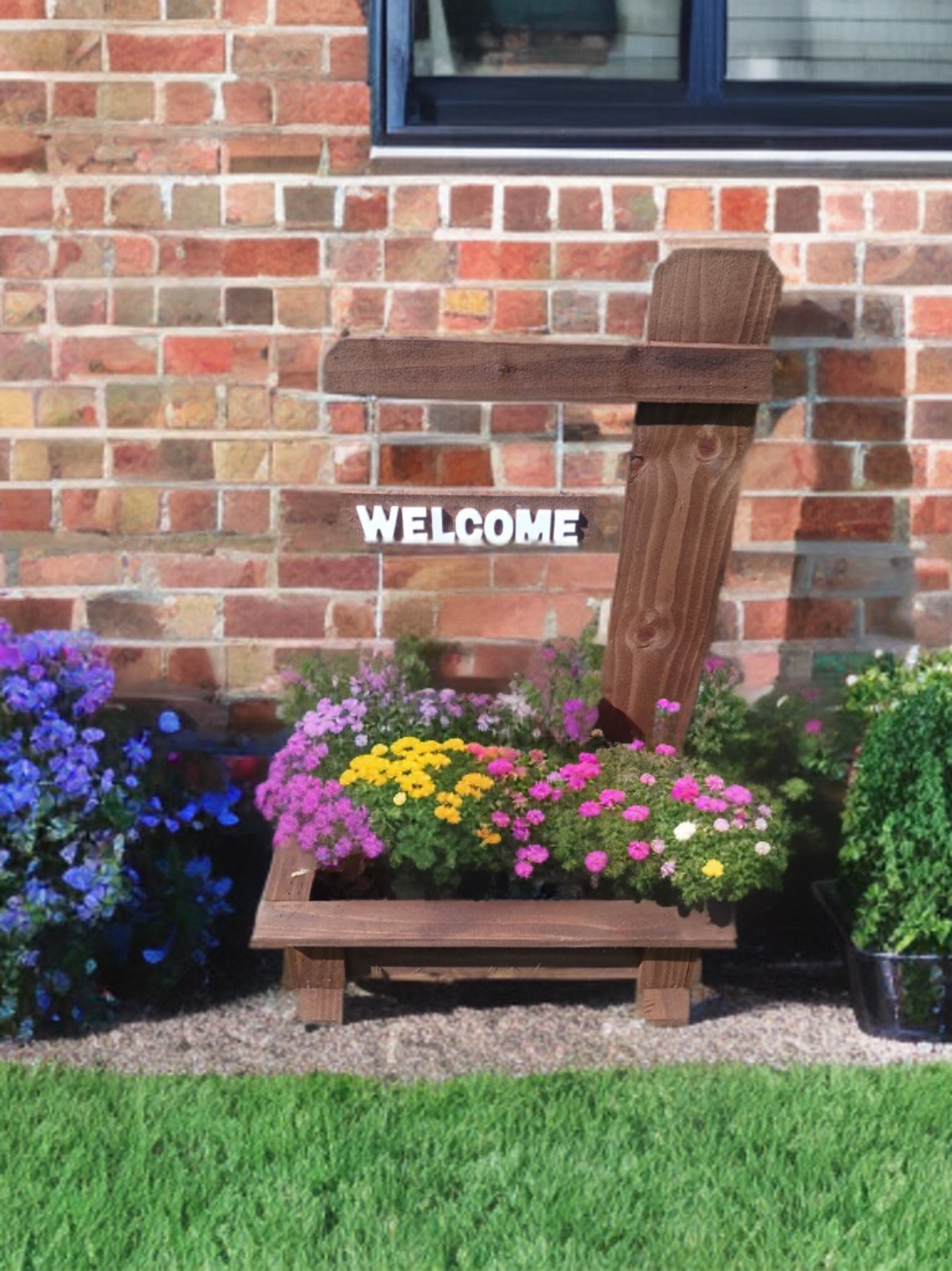 Wooden welcome sign with flowers. Garden planter, garden welcome sign with flower box, wooden garden flowerbox with welcome sign, flower box holder, free standing flowerbox with welcome sign,  front door welcome sign, front door welcome sign with planter, garden plater with welcome sign