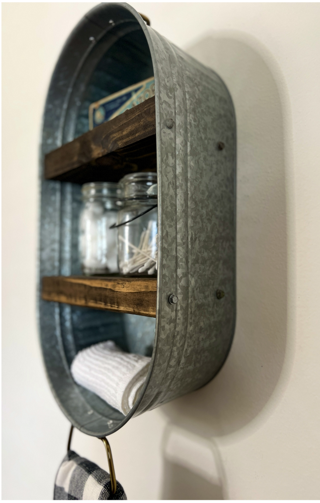 metal washtub bathroom shelf, rustic galvanized metal washtub shelf with wooden shelf, rustic farmhouse shelf for bathroom, rustic metal washtub shelf, cottage core metal decor, rustic farmhouse decor,  metal home decor, metal farmhouse decor, galvanized home decor