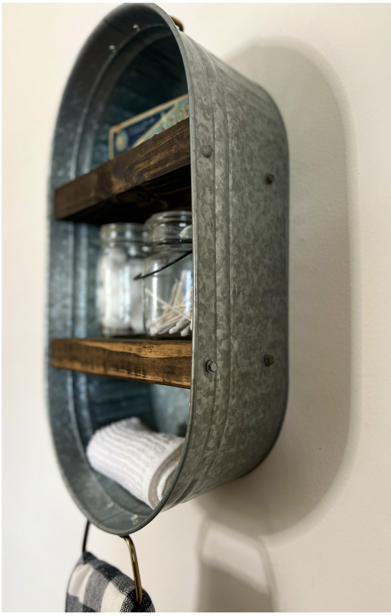 metal washtub bathroom shelf, rustic galvanized metal washtub shelf with wooden shelf, rustic farmhouse shelf for bathroom, rustic metal washtub shelf, cottage core metal decor, rustic farmhouse decor,  metal home decor, metal farmhouse decor, galvanized home decor