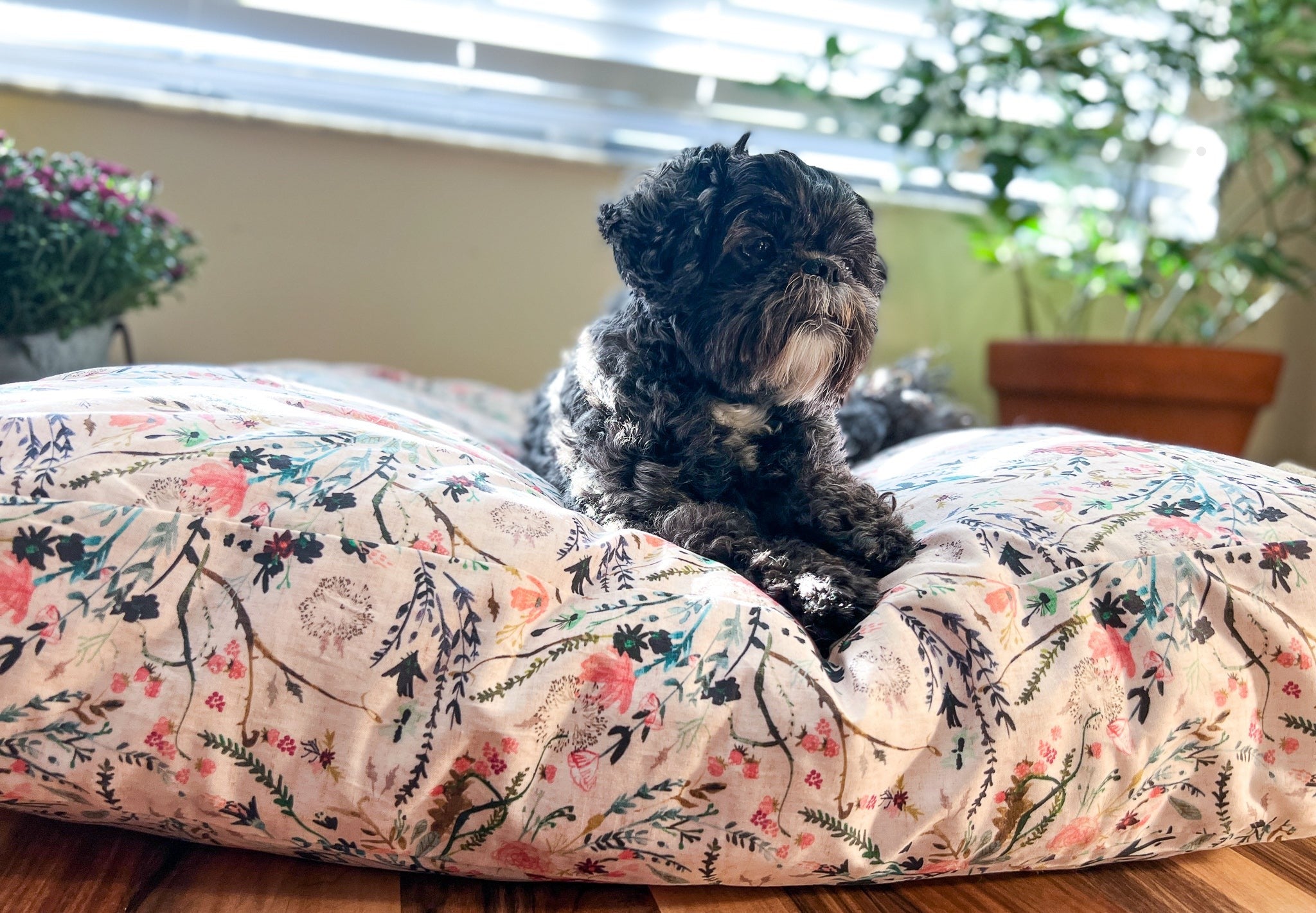 Wooden Dog Bed, farmhouse Dog Bed,  Premium floral dog bed, elegant dog bed, designer dog bed, dog bed to match home decor, dog bed furniture